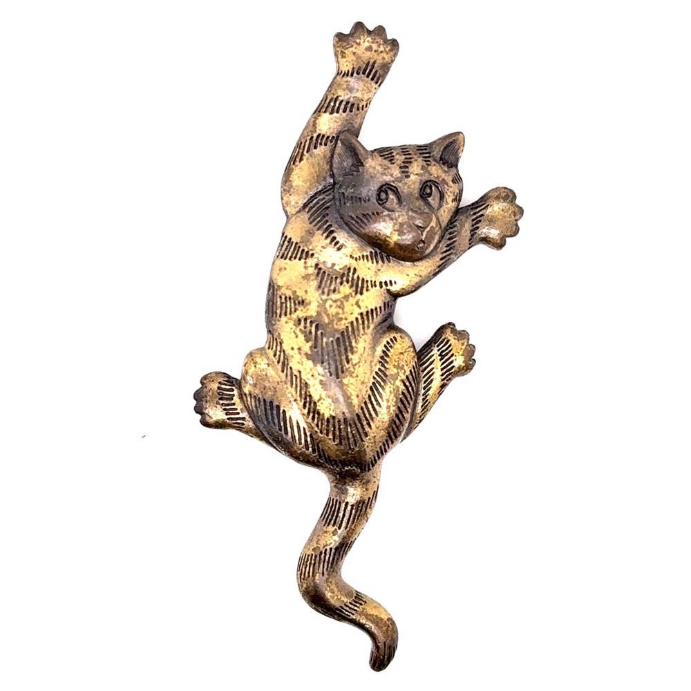 Vintage JJ Jonette Jewelry 1988 Climbing Cat Brooch Gold Tone Tabby Feline Pin